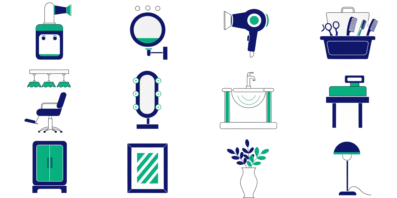 Kuaför salonu ekipman listesi ve dekorasyon öğeleri infografik