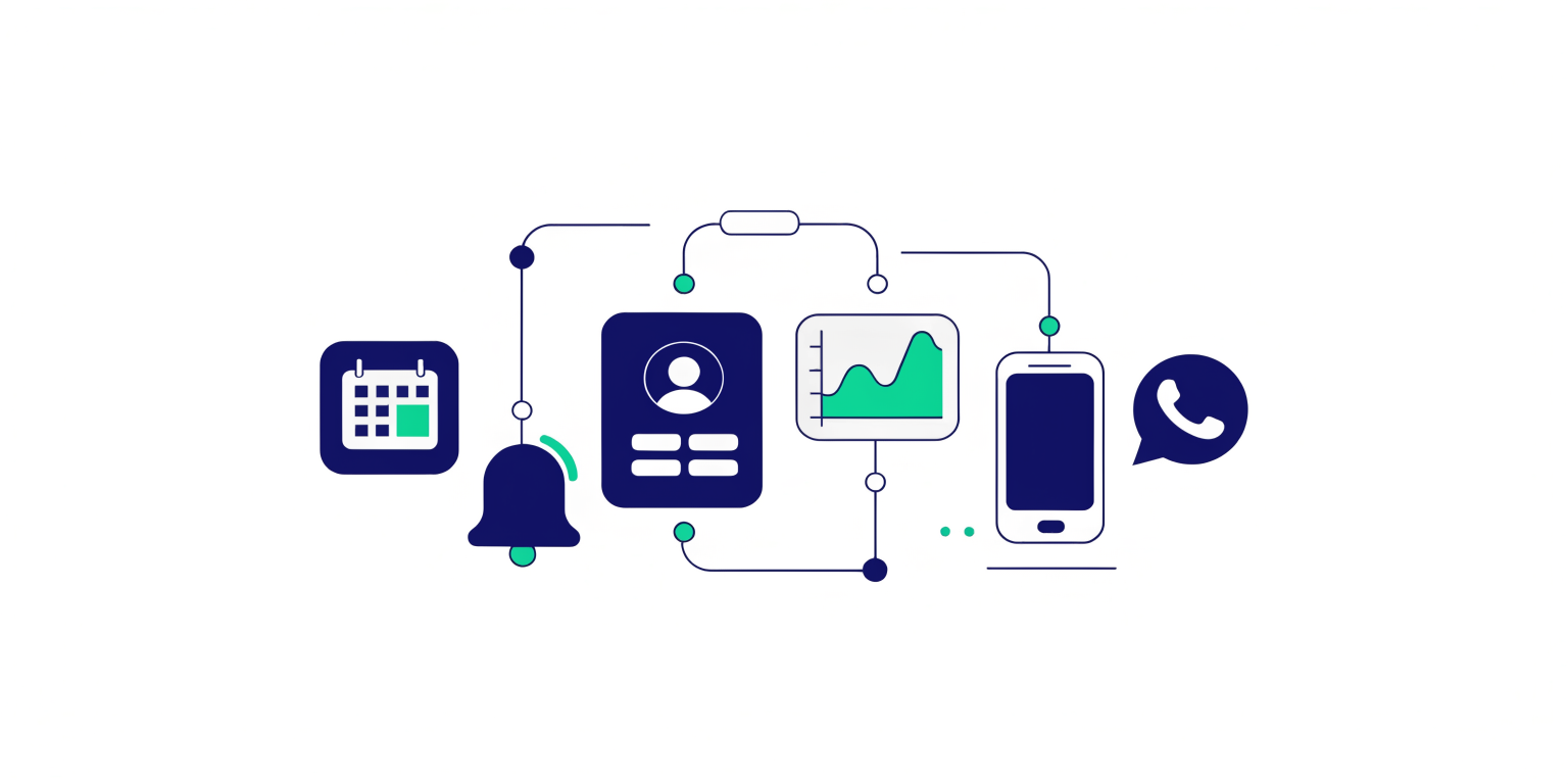 Dijital randevu sisteminin takvim, hatırlatma ve müşteri takip özelliklerini gösteren infografik