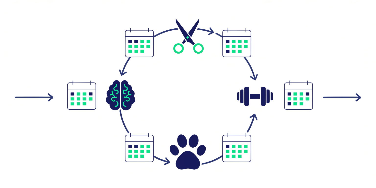 Farklı sektörlerde tekrar eden randevu kullanımını gösteren periyodik takvim döngüsü
