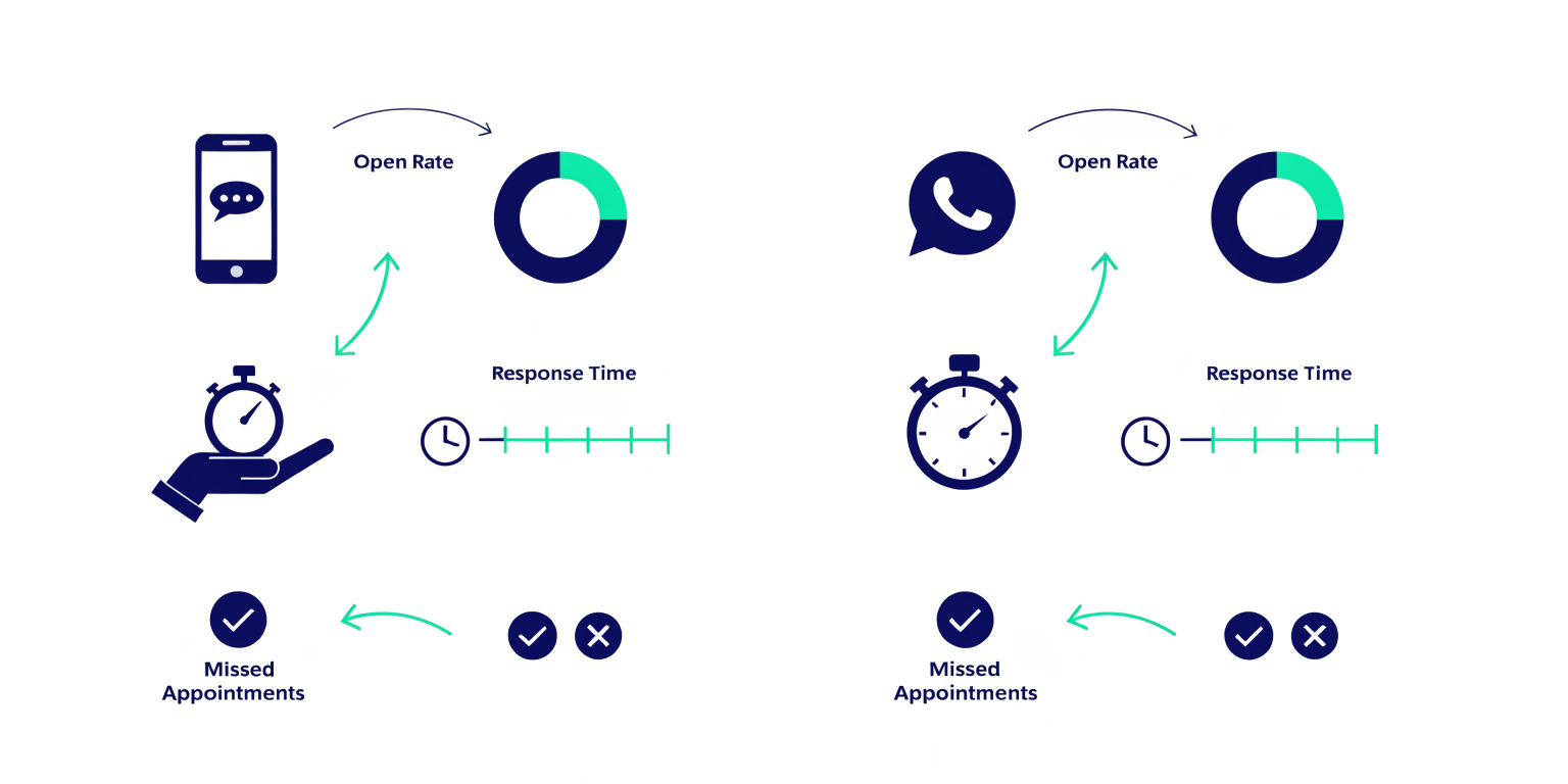 SMS ve WhatsApp randevu hatırlatma karşılaştırması infografiği