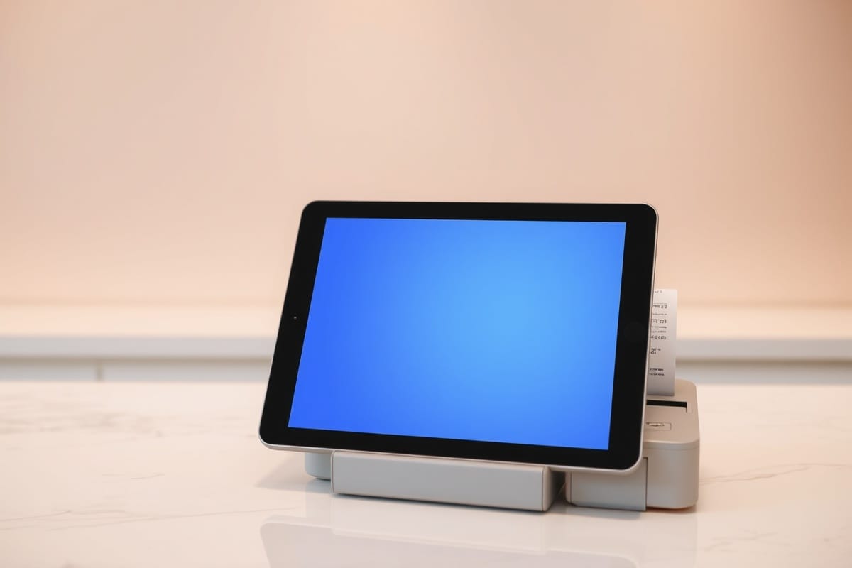 Salon resepsiyonunda tablet üzerinde dijital kasa ekranı