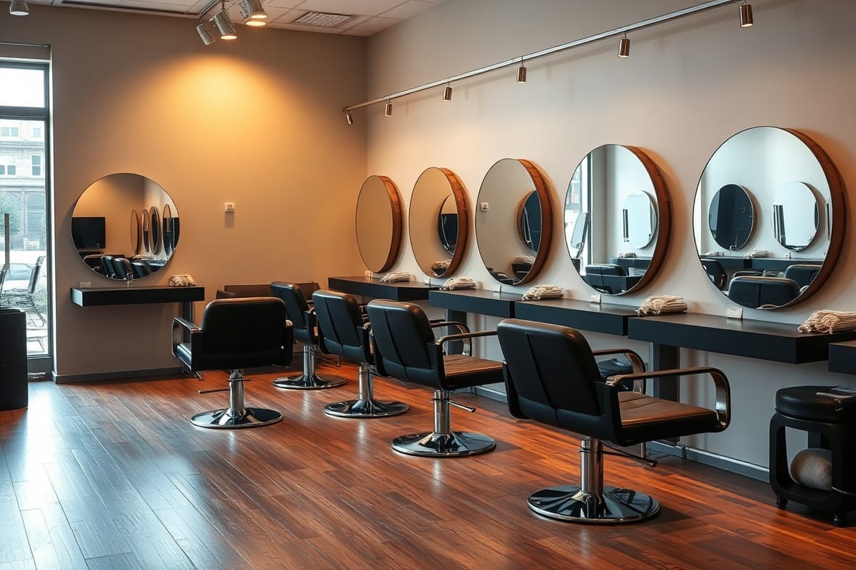 Koltukları ve aynalarıyla modern bir kuaför salonu