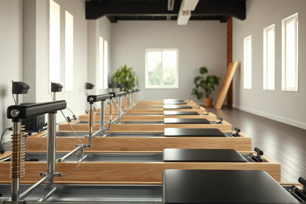 Reformer cihazlarında grup dersi düzeni kurulmuş bir pilates stüdyosu