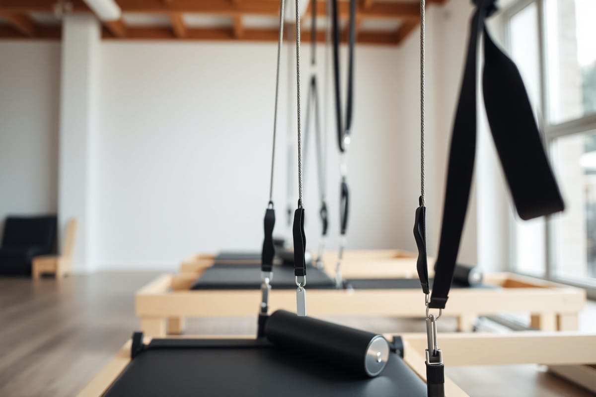Reformer cihazlarının sıralandığı aydınlık bir pilates stüdyosu