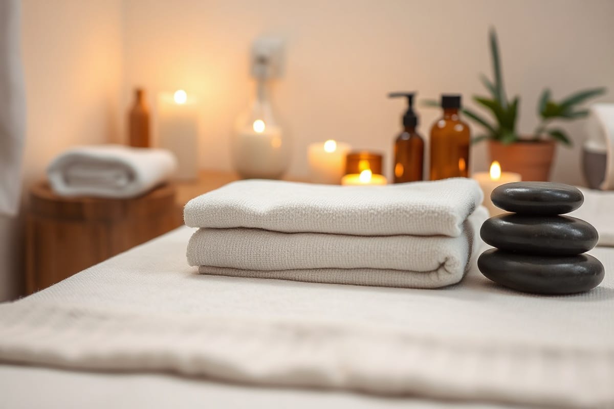 Loş ışıklı, masaj masalı sakin bir spa kabini