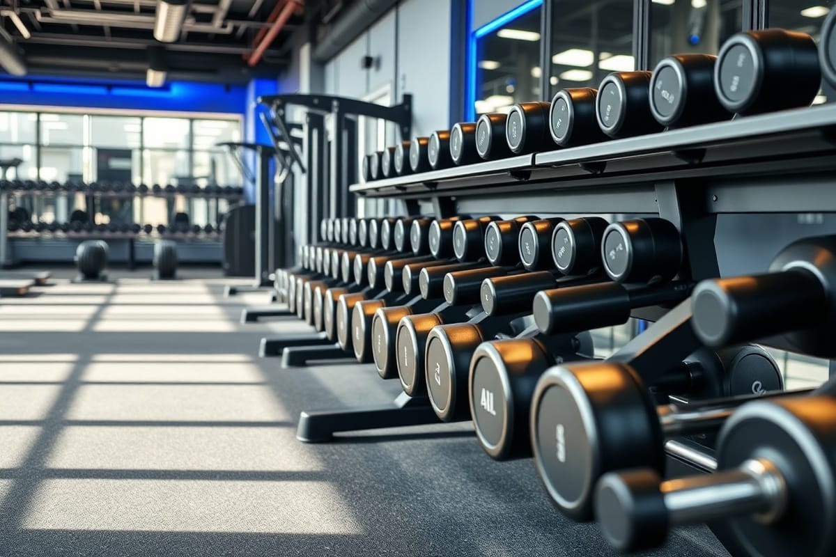 Yeni açılan bir spor salonunda dambıl rafı ve kuvvet ekipmanları
