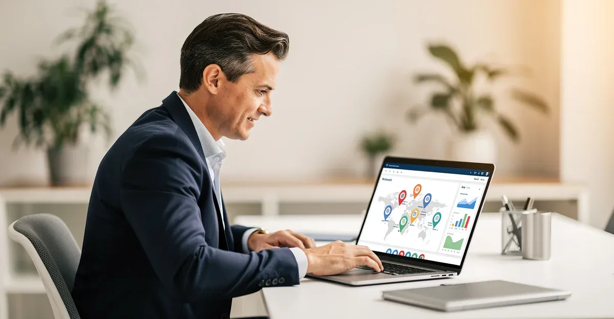 Çoklu şube yönetimi için merkezi kontrol panelini inceleyen işletme sahibi