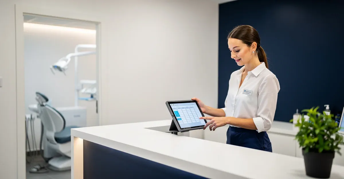 Diş kliniğinde dijital tablet üzerinde randevu takvimi yöneten klinik çalışanı