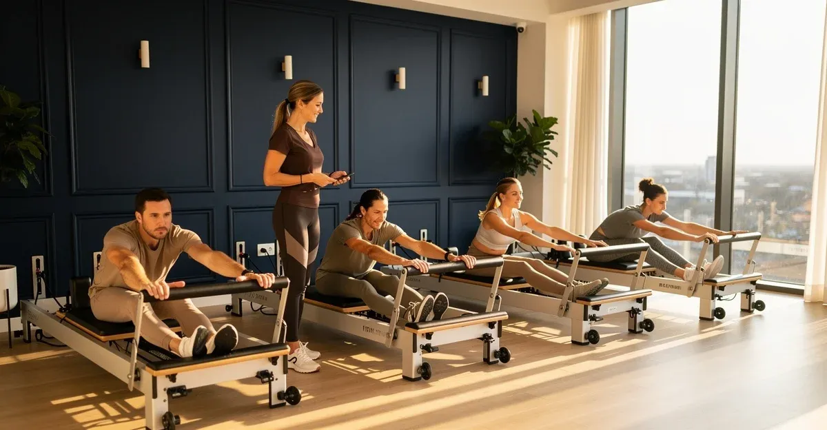 Pilates stüdyosunda reformer grup dersi veren eğitmen ve katılımcılar