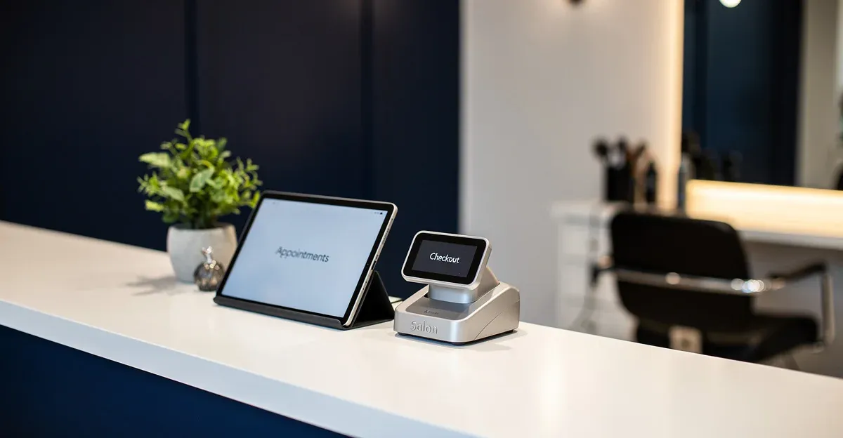 Kuaför salonunda POS cihazı ve tablet ile kasa takibi yapan salon işletmecisi