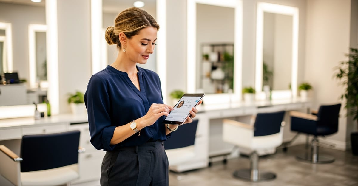 Kuaför salonunda dijital müşteri kartını tablet ekranından inceleyen salon sahibi