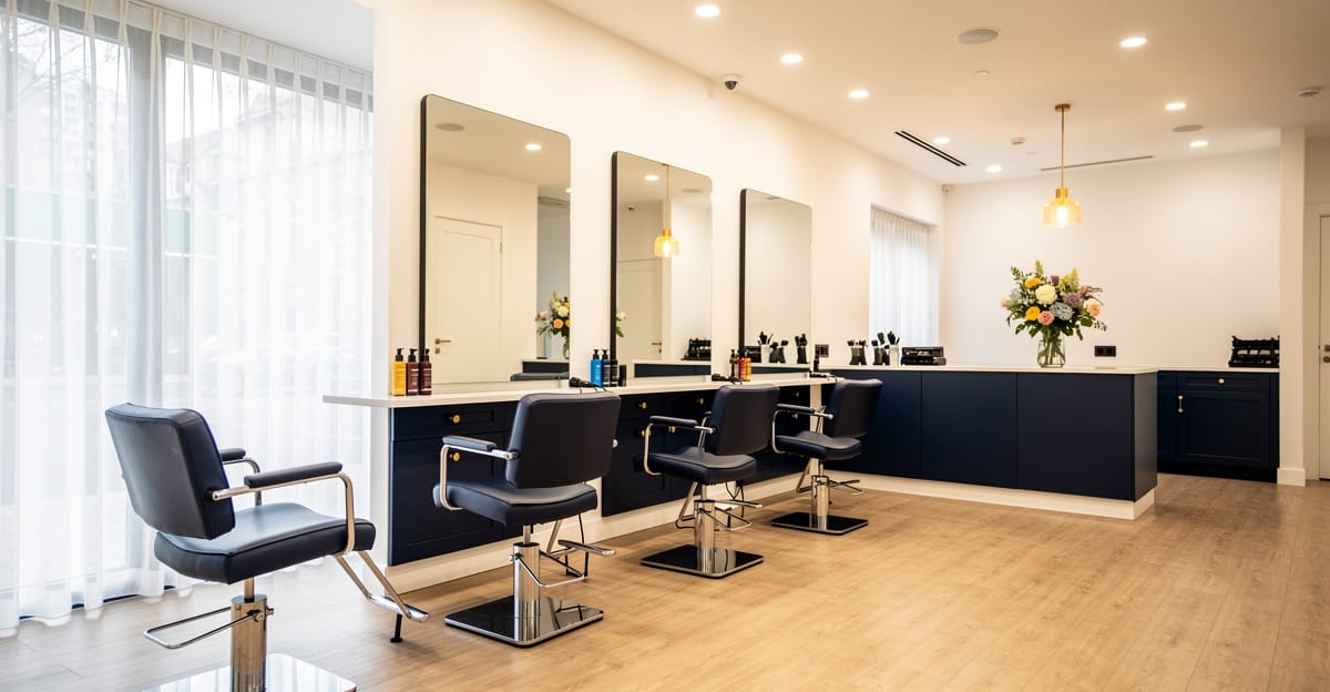 Modern kuaför salonu iç mekanı, ayna üniteleri ve kuaför koltukları