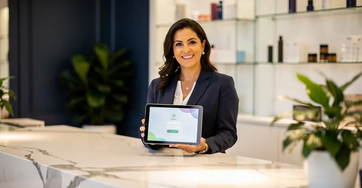 Online ödeme ile randevu alan müşteriye tablet gösteren salon sahibi