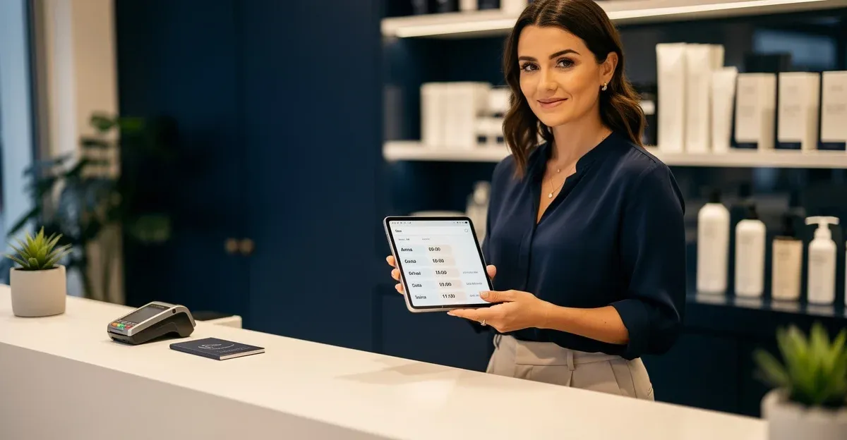 Randevu çakışmasını önleyen profesyonel salon sahibi tablet üzerinde takvimi inceliyor