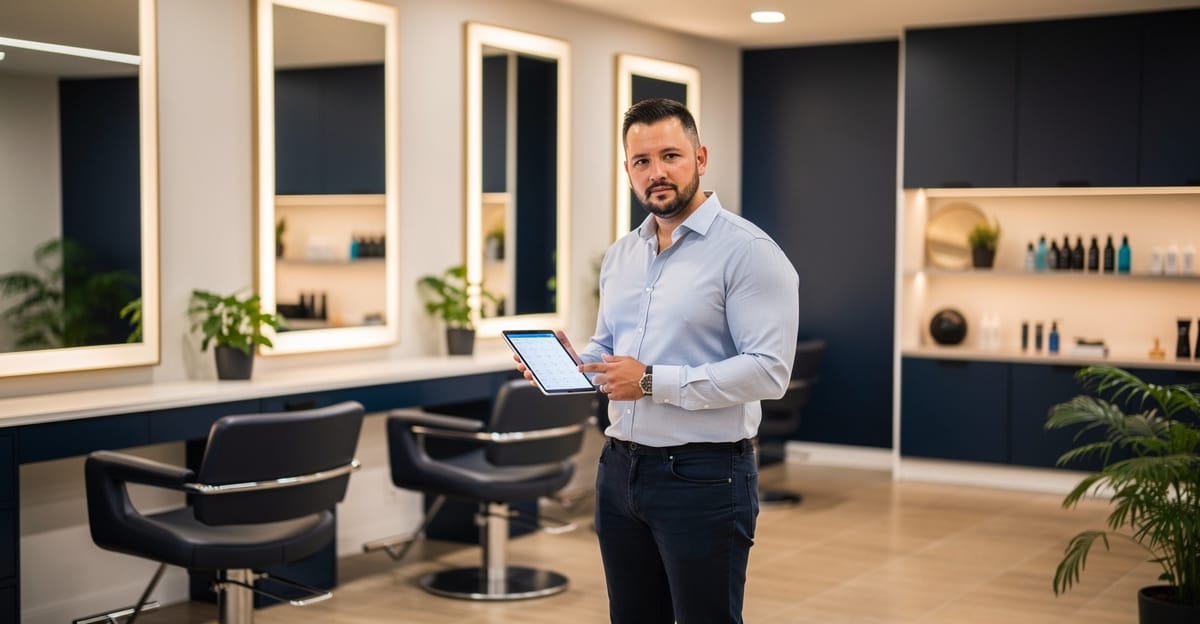 Salon yönetiminde dijital dönüşüm — modern kuaför salonunda dijital tablet ile takvim yöneten işletme sahibi