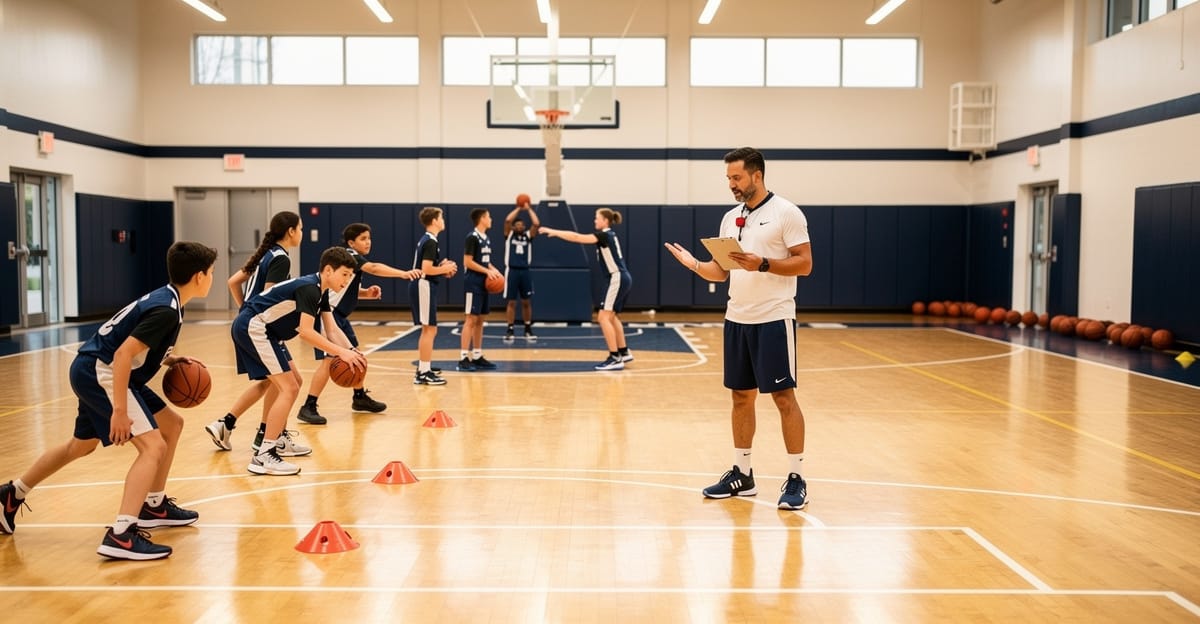 Basketbol akademisinde antrenör ve genç sporcuların antrenman yaptığı profesyonel salon