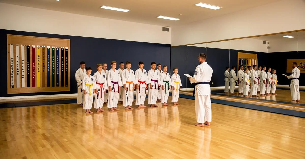Dövüş sanatları akademisinde kuşak sınavı anı, profesyonel dojo ortamı