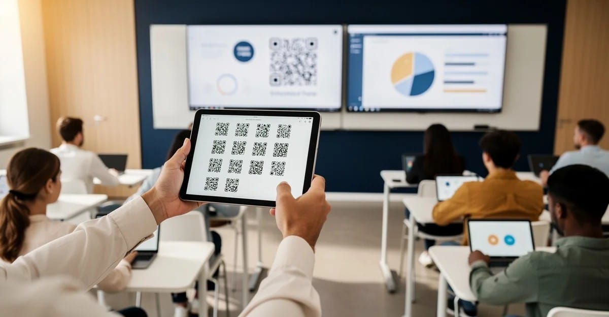 Eğitim merkezi sınıfında QR kodla dijital yoklama alan eğitmen