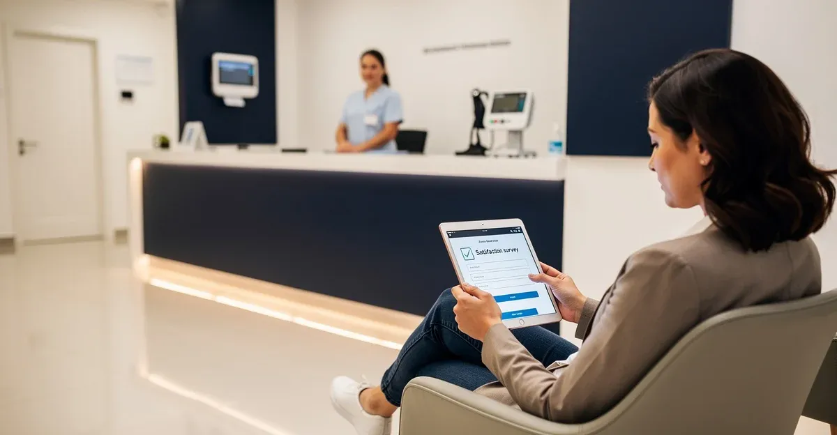 Klinik resepsiyonunda hasta memnuniyet anketi dolduran hasta