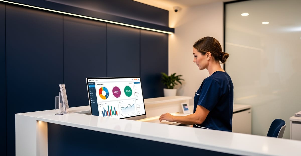 Klinik resepsiyonunda dijital cari hesap takip panelini inceleyen sağlık profesyoneli