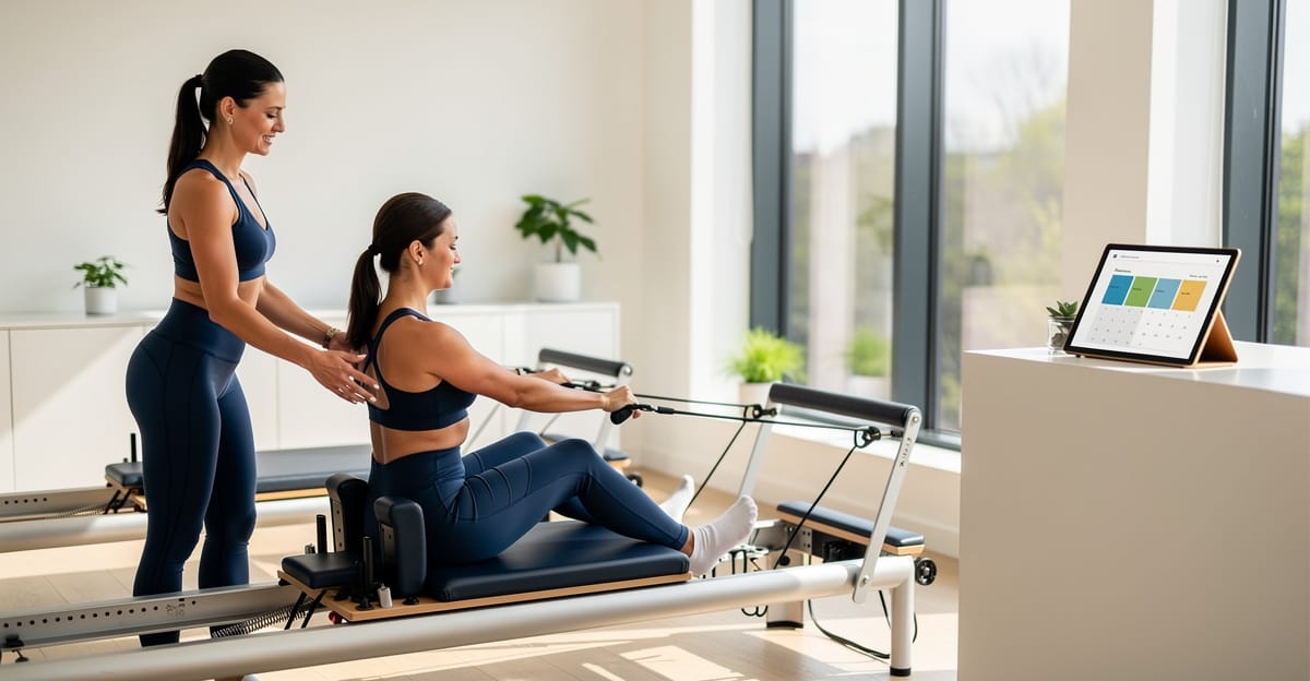Pilates reformer stüdyosunda dijital takvimle ders yöneten eğitmen