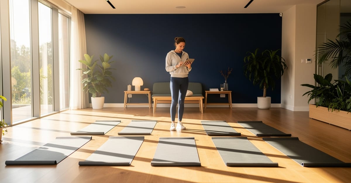 Modern yoga stüdyosunda dijital ders programı yöneten stüdyo sahibi