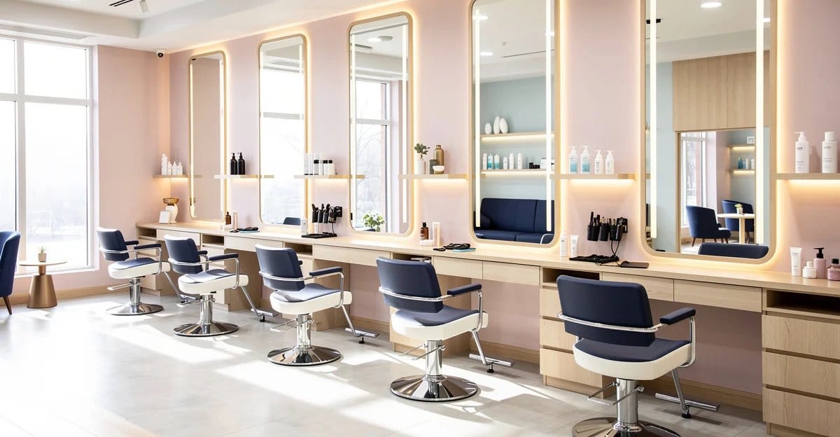 Modern ve profesyonel bir güzellik salonu iç mekan görünümü