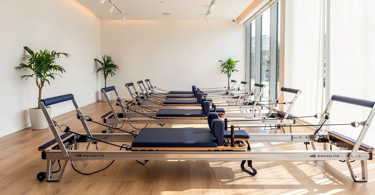 Modern reformer pilates stüdyosunda düzenli sıralanmış reformer aletleri