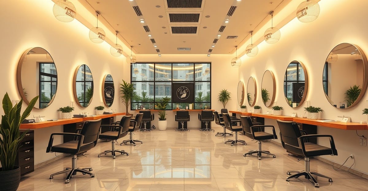 Koltukları ve aynalarıyla modern bir kuaför salonu