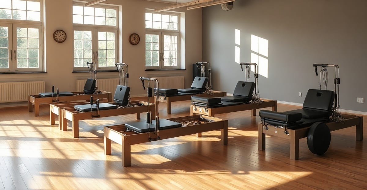 Grup dersi için hazırlanmış reformer sıralı pilates stüdyosu
