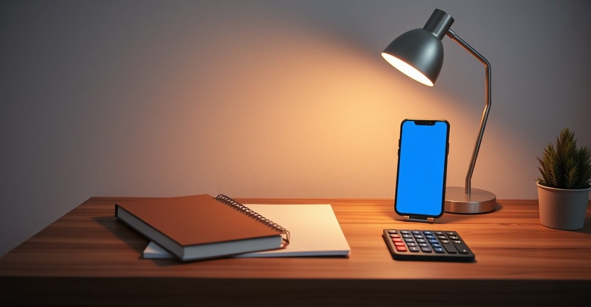 Masada kapalı defter, hesap makinesi ve telefon — işletme hesabı
