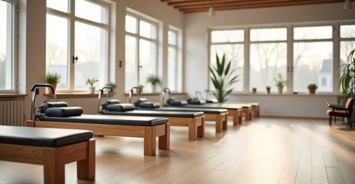 Sabah ışığında boş bir butik pilates stüdyosu ve sıralanmış reformer cihazları