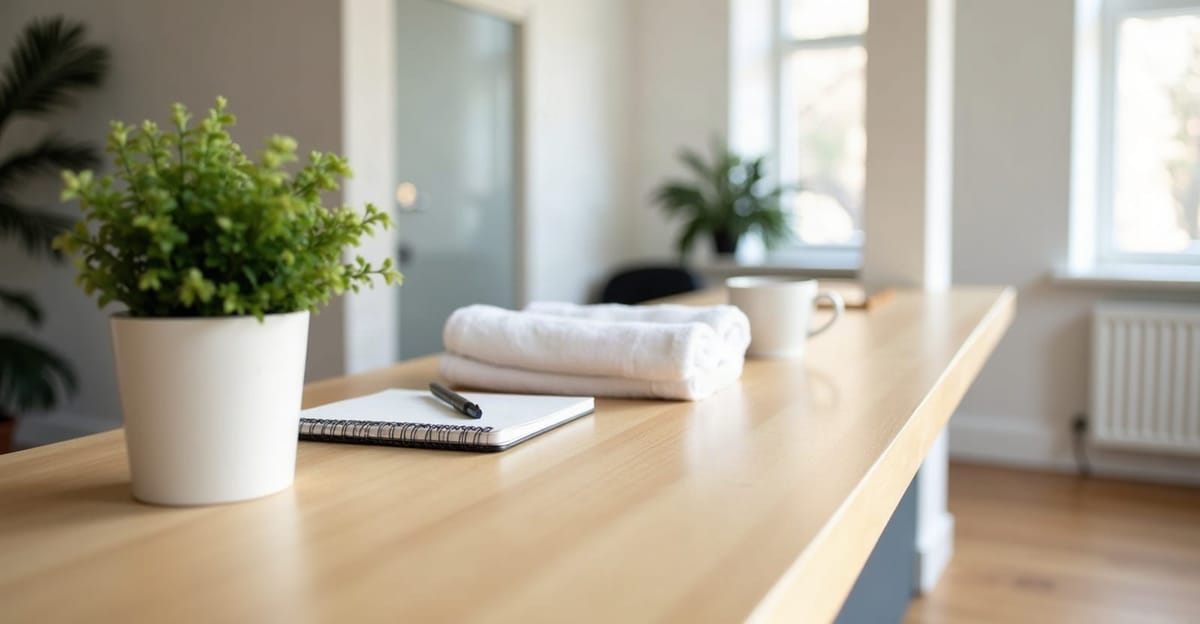 Bir pilates stüdyosunun resepsiyon tezgâhında boş not defteri, kalem, havlu ve saksı bitkisi