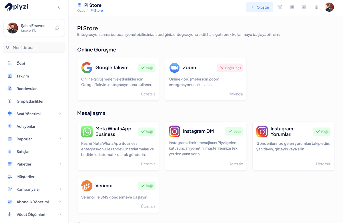 Piyzi Pi Store — Zoom entegrasyonu kartı ve tek tıkla bağlanma