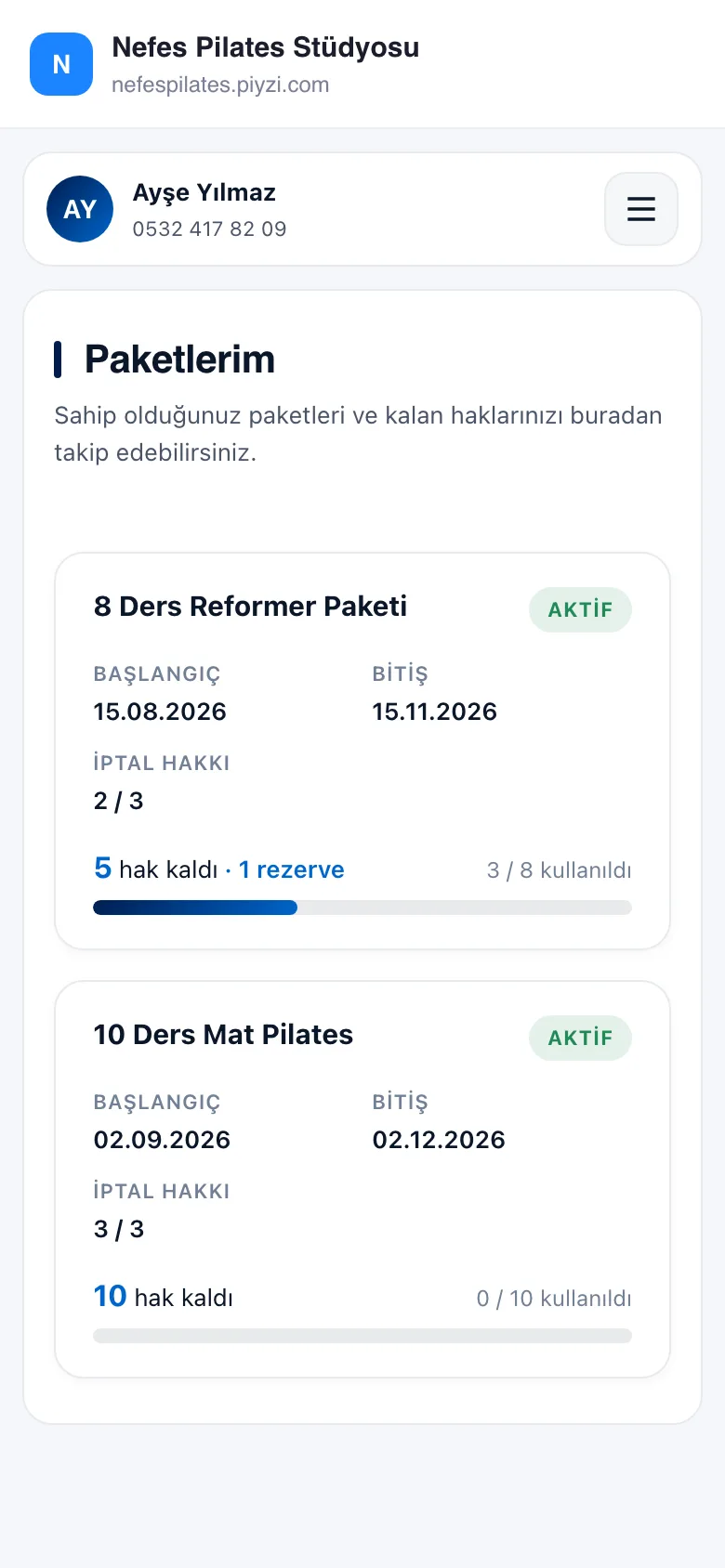 Üyenin online hesabındaki Paketlerim ekranı (mobil): kalan ders hakkı, rezerve ders ve iptal hakkı